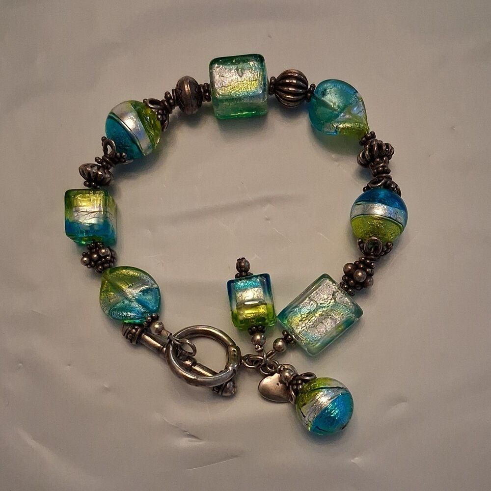 SPRZ Blue Green Silver Merino Glass  Toggle Charm Bracelet Signed Round Square